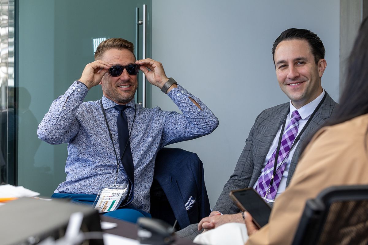 Jake Zivin (play-by-play announcer) and Taylor Twellman (match analyst) interview before an MLS match on Apple TV.
