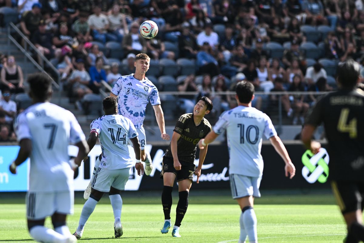 San Jose Earthquakes defender Reid Roberts (18) heads the ball during an MLS game between LAFC and San Jose Earthquakes on Sunday, April 19, 2026 at BMO Stadium In Los Angeles Calif at BMO Stadium in Los Angeles Calif