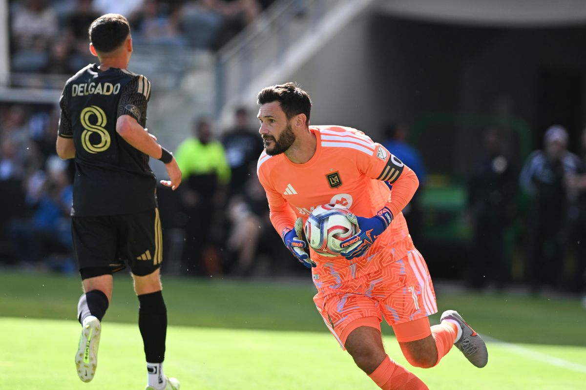 LAFC goalkeeper Hugo Lloris (1) hold on to the ball after making a save during an MLS game between LAFC and San Jose Earthquakes on Sunday, April 19, 2026 at BMO Stadium In Los Angeles Calif at BMO Stadium in Los Angeles Calif