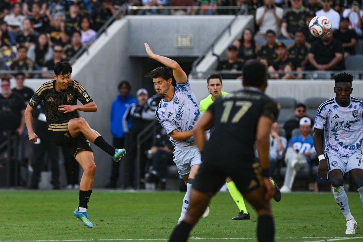 LAFC forward Son Heung-Min (7) makes an attempt at goal during an MLS game between LAFC and San Jose Earthquakes on Sunday, April 19, 2026 at BMO Stadium In Los Angeles Calif at BMO Stadium in Los Angeles Calif