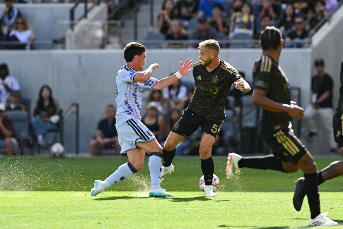 LAFC defender Ryan Porteous (5) blocks the ball during an MLS game between LAFC and San Jose Earthquakes on Sunday, April 19, 2026 at BMO Stadium In Los Angeles Calif at BMO Stadium in Los Angeles Calif
