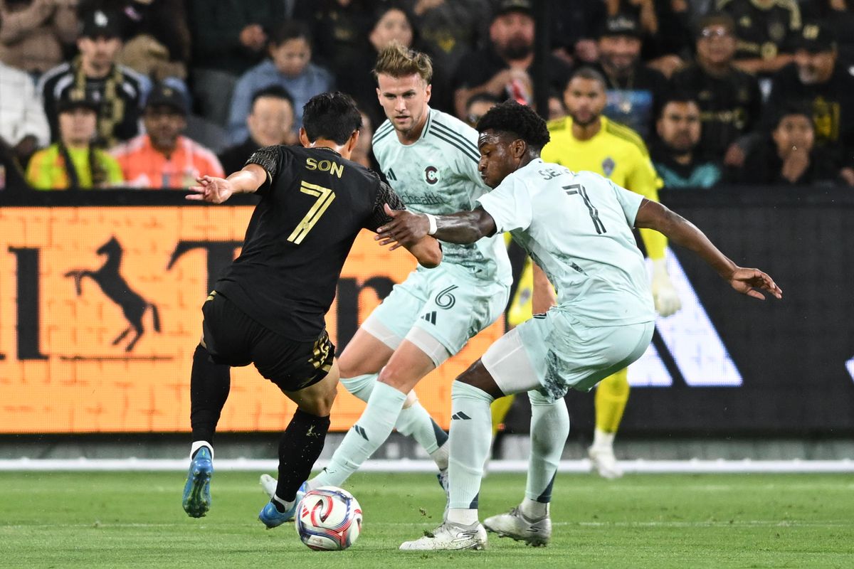 LAFC forward Son Heung-Min (7) sets up for an attack during an MLS game between LAFC and Colorado Rapids on Wednesday, April 22, 2026 at BMO Stadium In Los Angeles Calif at BMO Stadium in Los Angeles Calif