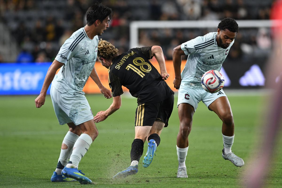 LAFC forward Jacob Shaffelburg (18) gets tackled during an MLS game between LAFC and Colorado Rapids on Wednesday, April 22, 2026 at BMO Stadium In Los Angeles Calif at BMO Stadium in Los Angeles Calif