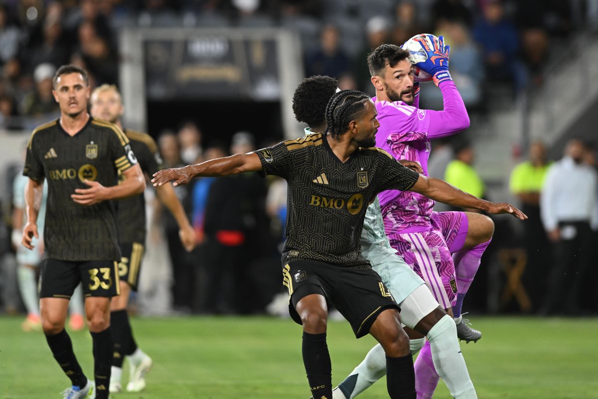 LAFC goalkeeper Hugo Lloris (1) holds on to the ball after making a save during an MLS game between LAFC and Colorado Rapids on Wednesday, April 22, 2026 at BMO Stadium In Los Angeles Calif at BMO Stadium in Los Angeles Calif