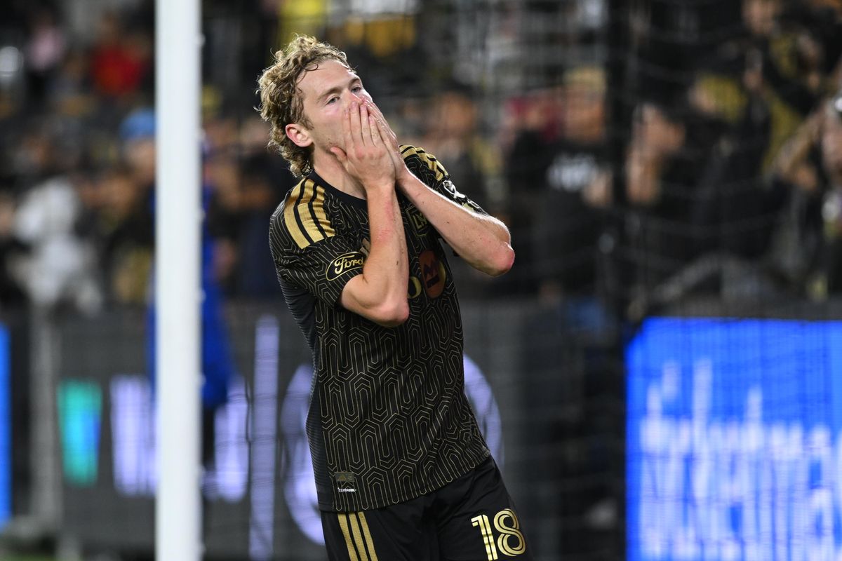 LAFC forward Jacob Shaffelburg (18) reacts after missing a goal during an MLS game between LAFC and Colorado Rapids on Wednesday, April 22, 2026 at BMO Stadium In Los Angeles Calif at BMO Stadium in Los Angeles Calif