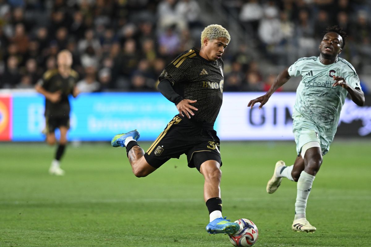LAFC forward David Martinez (30) attacks with the ball during an MLS game between LAFC and Colorado Rapids on Wednesday, April 22, 2026 at BMO Stadium In Los Angeles Calif at BMO Stadium in Los Angeles Calif