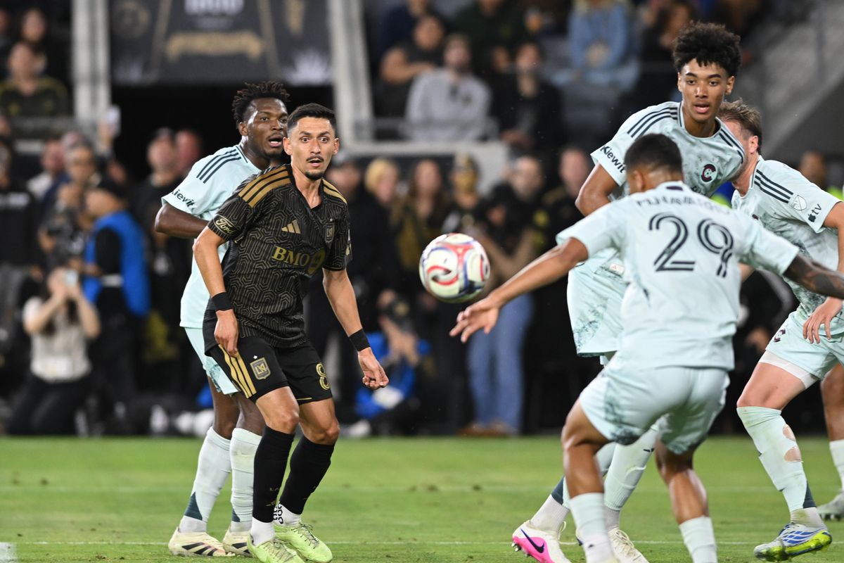 LAFC midfielder Mark Delgado (8) watches the ball during an MLS game between LAFC and Colorado Rapids on Wednesday, April 22, 2026 at BMO Stadium In Los Angeles Calif at BMO Stadium in Los Angeles Calif
