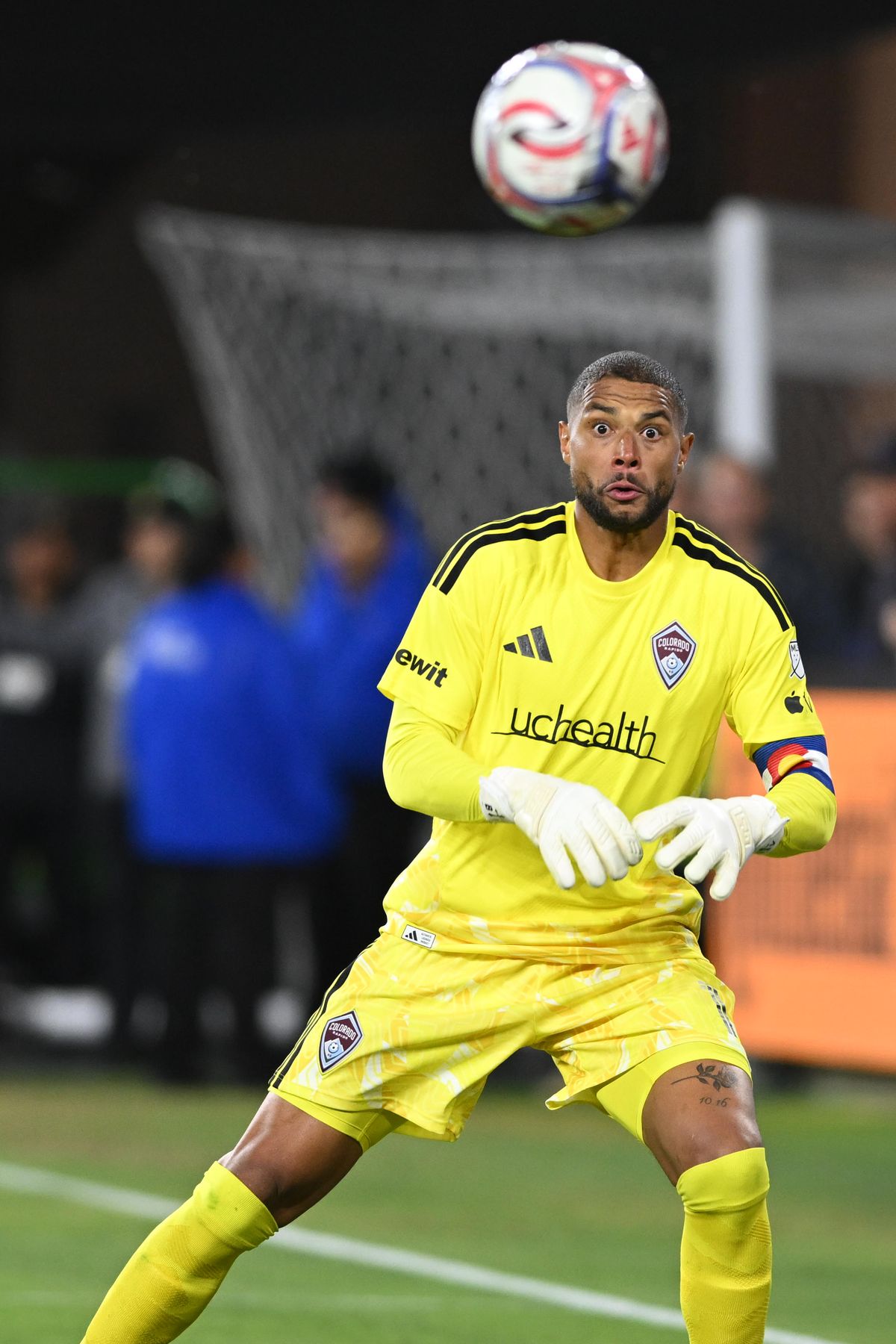 Colorado Rapids goalkeeper Zack Steffen (1) eyes the ball before making a save during an MLS game between LAFC and Colorado Rapids on Wednesday, April 22, 2026 at BMO Stadium In Los Angeles Calif at BMO Stadium in Los Angeles Calif