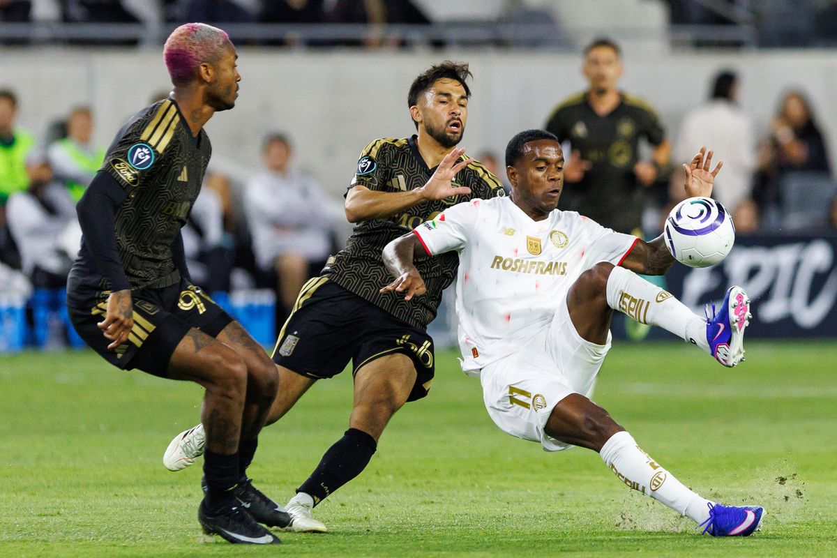 Telinho #11 of Toluca FC receives the ball during a CONCACAF Champions Cup Semifinal match against LAFC on April 29, 2026 at BMO Stadium in Los Angeles, California.