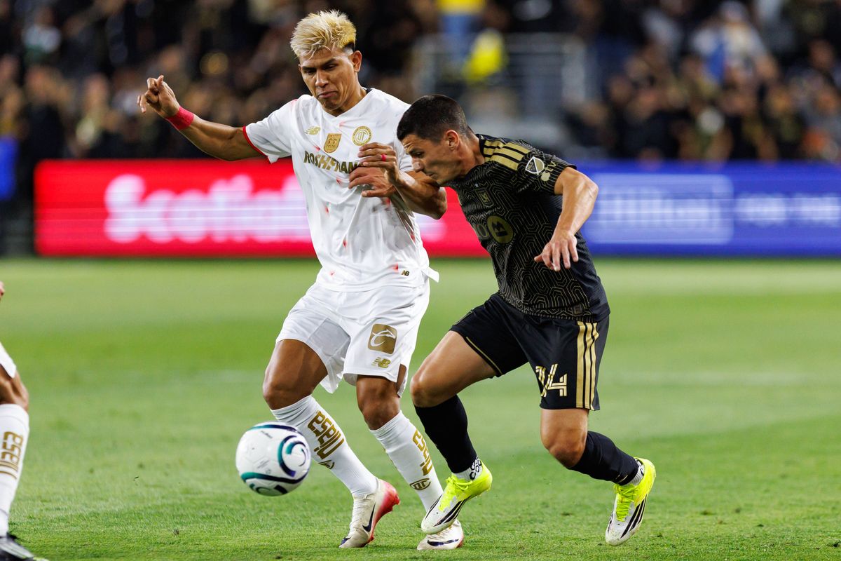 Sergi Palencia #24 of LAFC defends the ball during a CONCACAF Champions Cup Semifinal match against Toluca FC on April 29, 2026 at BMO Stadium in Los Angeles, California.