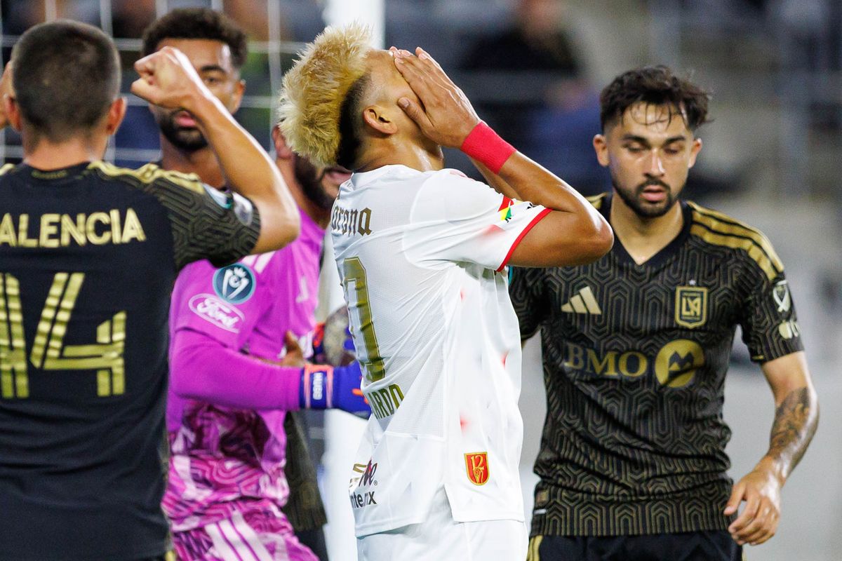 Jesús Delgado #20 of Toluca FC reacts after a missed goal during a CONCACAF Champions Cup Semifinal match against LAFC on April 29, 2026 at BMO Stadium in Los Angeles, California.