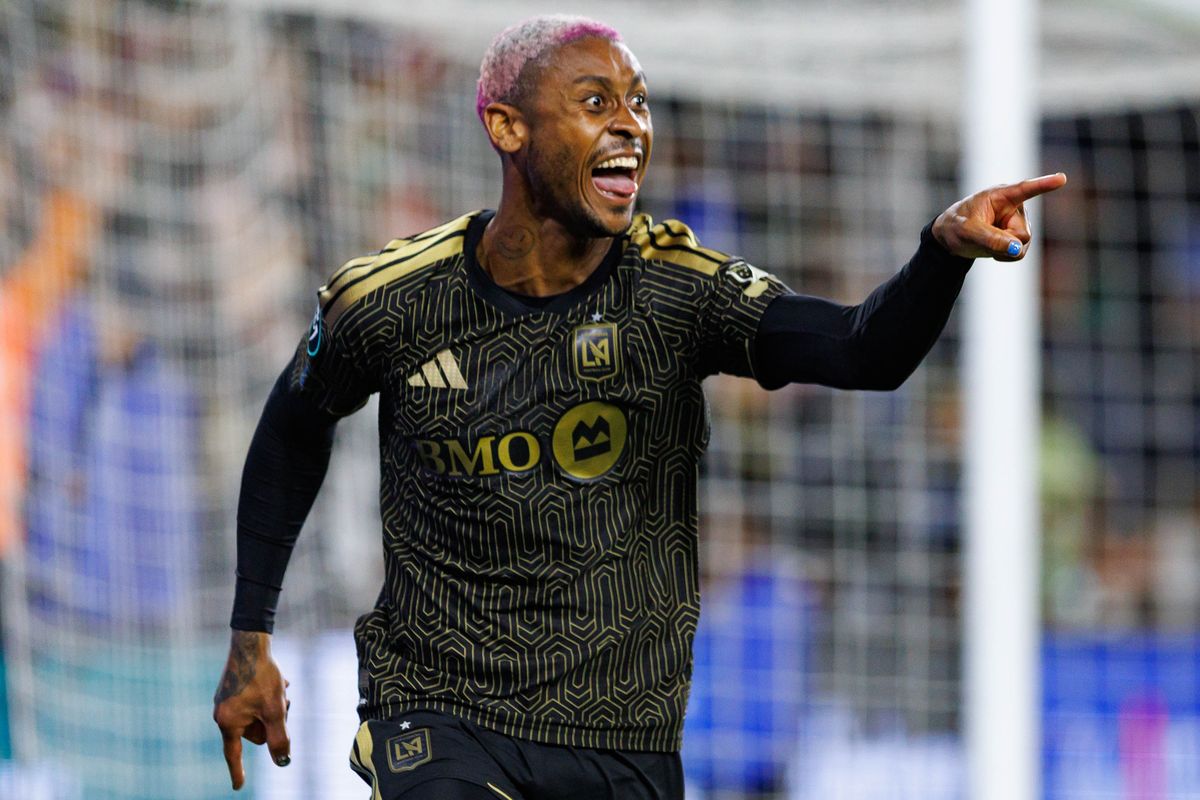 Nkosi Tafari #91 of LAFC celebrates after scoring a goal during a CONCACAF Champions Cup Semifinal match against Toluca FC on April 29, 2026 at BMO Stadium in Los Angeles, California.