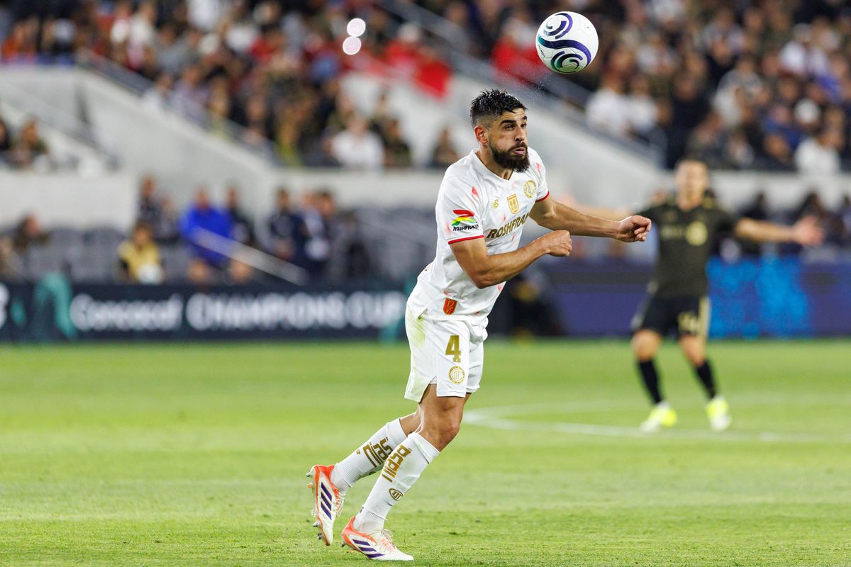 Bruno Méndez #4 of Toluca FC goes for a heading during a CONCACAF Champions Cup Semifinal match against LAFC on April 29, 2026 at BMO Stadium in Los Angeles, California.