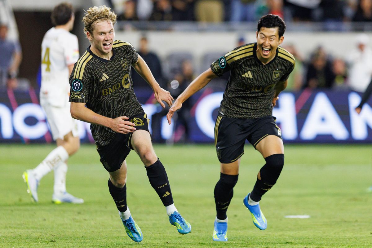 Jacob Shaffelburg #18 of LAFC (left) celebrates with Son Heung-Min #7 (right) after scoring a goal during a CONCACAF Champions Cup Semifinal match against Toluca FC on April 29, 2026 at BMO Stadium in Los Angeles, California.