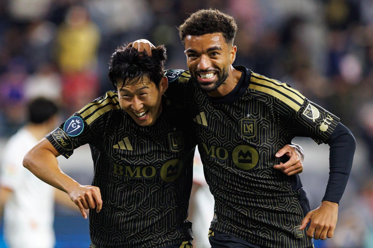 Timothy Tillman #11 of LAFC (right) celebrates with Son Heung-Min #7 (left) after a goal was scored during a CONCACAF Champions Cup Semifinal match against Toluca FC on April 29, 2026 at BMO Stadium in Los Angeles, California.