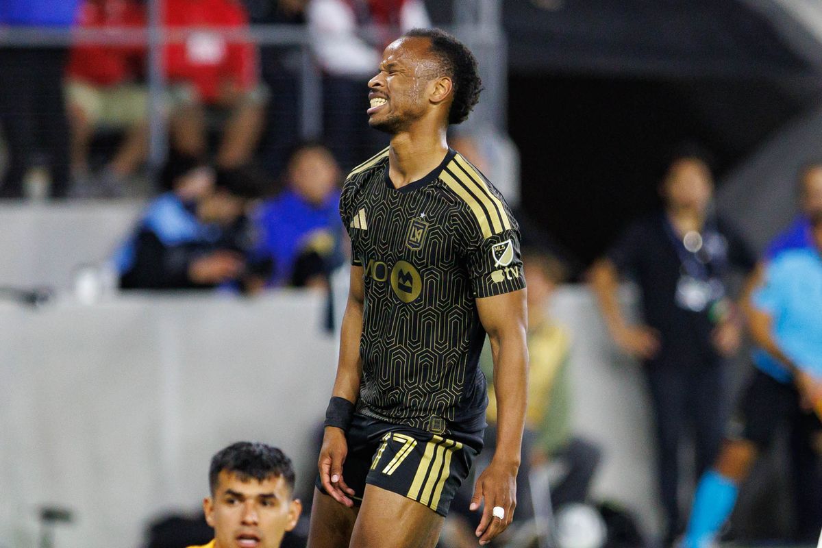 Jeremy Ebobisse #17 of LAFC reacts after a missed goal during a CONCACAF Champions Cup Semifinal match against Toluca FC on April 29, 2026 at BMO Stadium in Los Angeles, California.