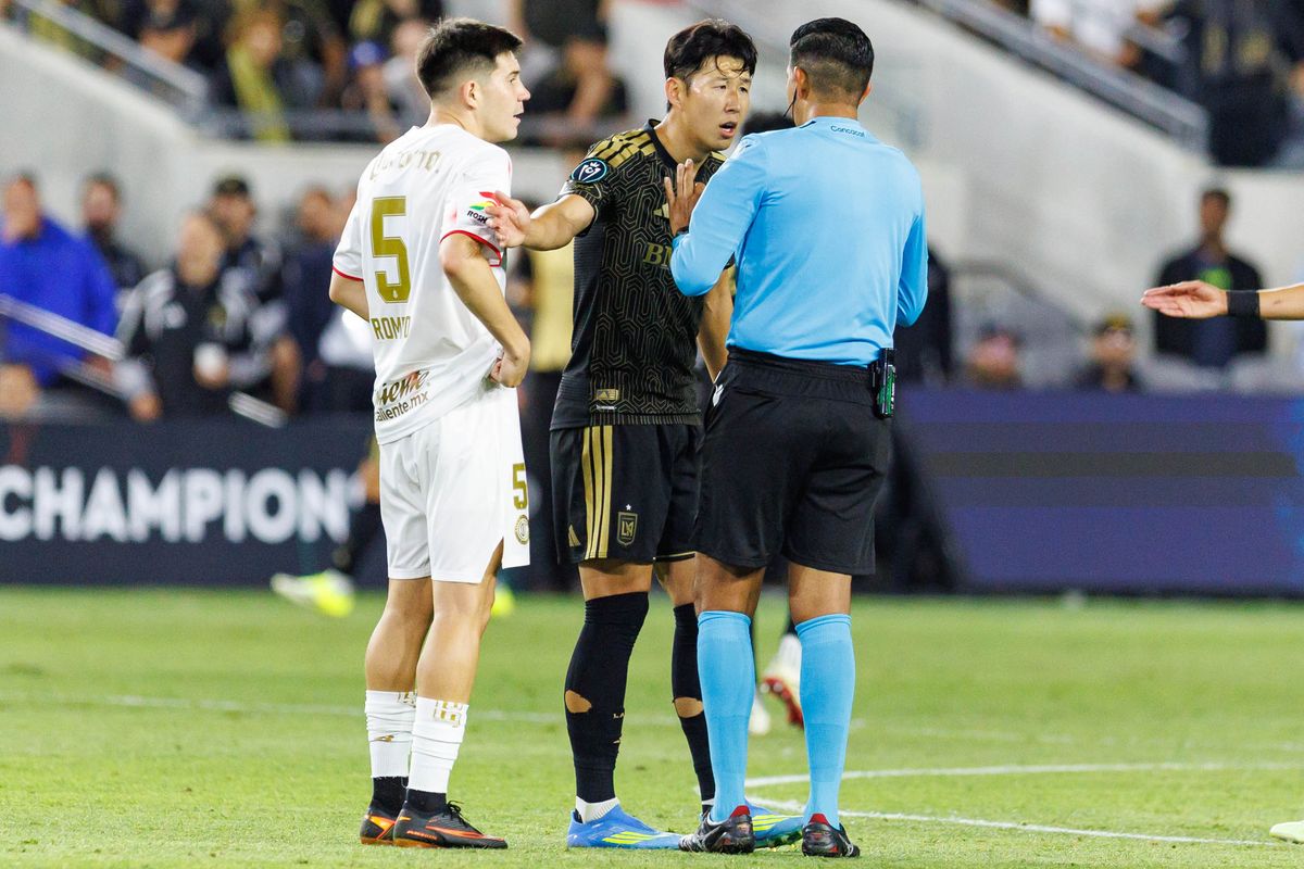 Son Heung-Min #7 of LAFC pleads his case during a CONCACAF Champions Cup Semifinal match against Toluca FC on April 29, 2026 at BMO Stadium in Los Angeles, California.