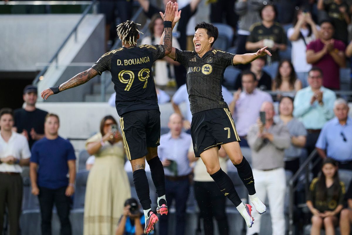 The Los Angeles FC’s Son Heung-Min #7 and Denis Bouanga #99 celebrate a goal during an MLS game against The Real Salt Lake on July 22nd, 2026 at BMO Stadium in Los Angeles, California.