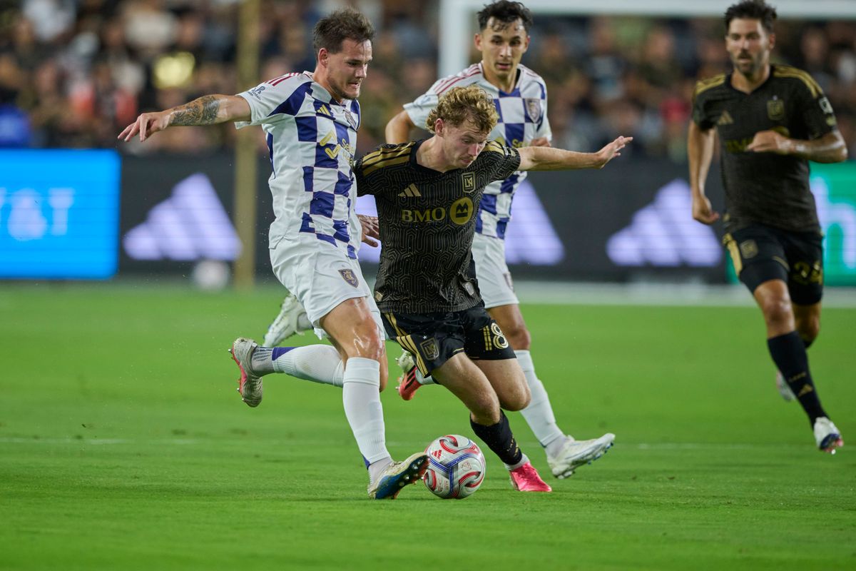 The Los Angeles FC’s Jacob Shaffelburg #18 fights for the ball during an MLS game against The Real Salt Lake on July 22nd, 2026 at BMO Stadium in Los Angeles, California.