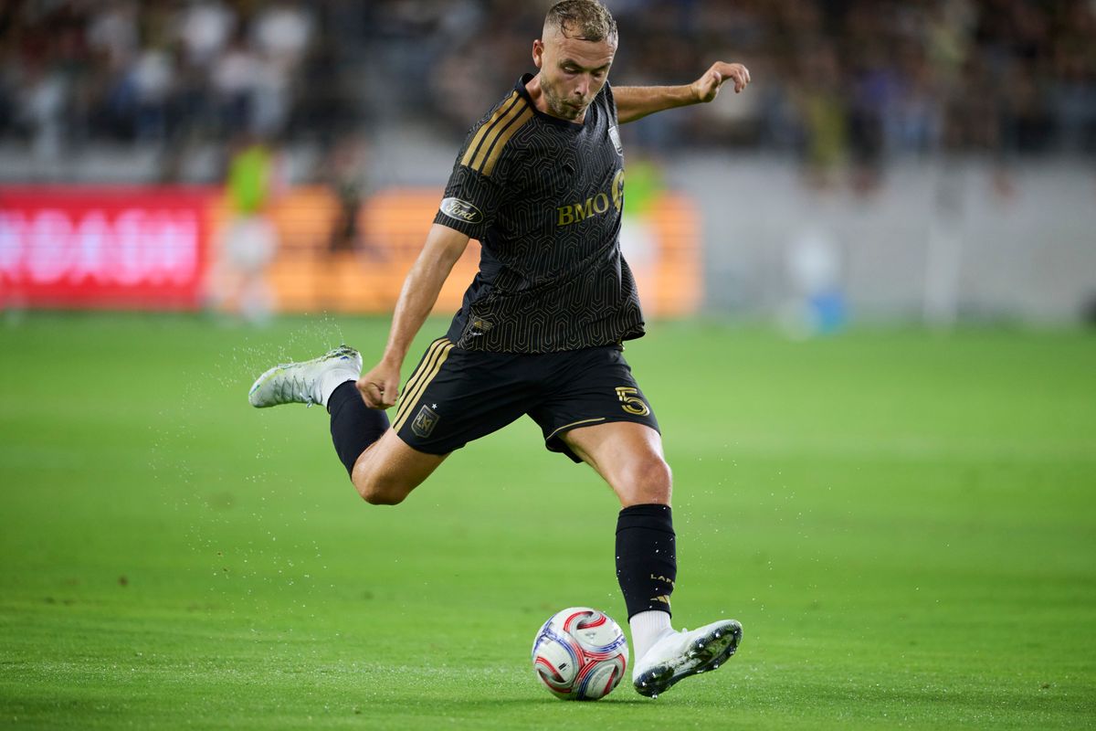 The Los Angeles FC’s Ryan Porteous #5 kicks the ball during an MLS game against The Real Salt Lake on July 22nd, 2026 at BMO Stadium in Los Angeles, California.