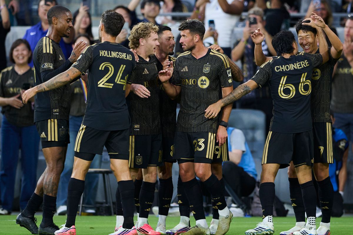 The Los Angeles FC celebrate a goal during an MLS game against The Real Salt Lake on July 22nd, 2026 at BMO Stadium in Los Angeles, California.