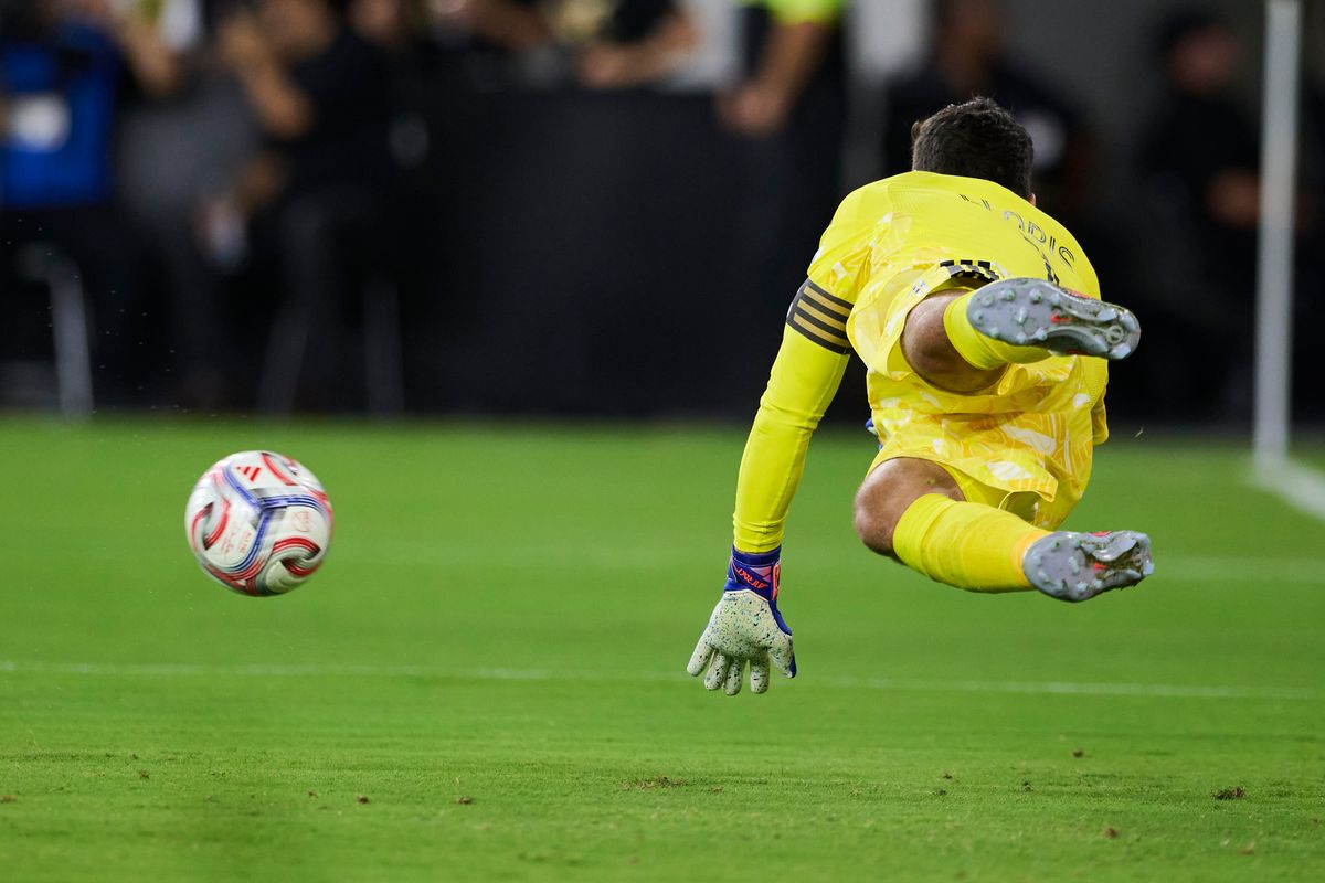 The Los Angeles FC’s Hugo Lloris #1 dives for the ball during an MLS game against The Real Salt Lake on July 22nd, 2026 at BMO Stadium in Los Angeles, California.