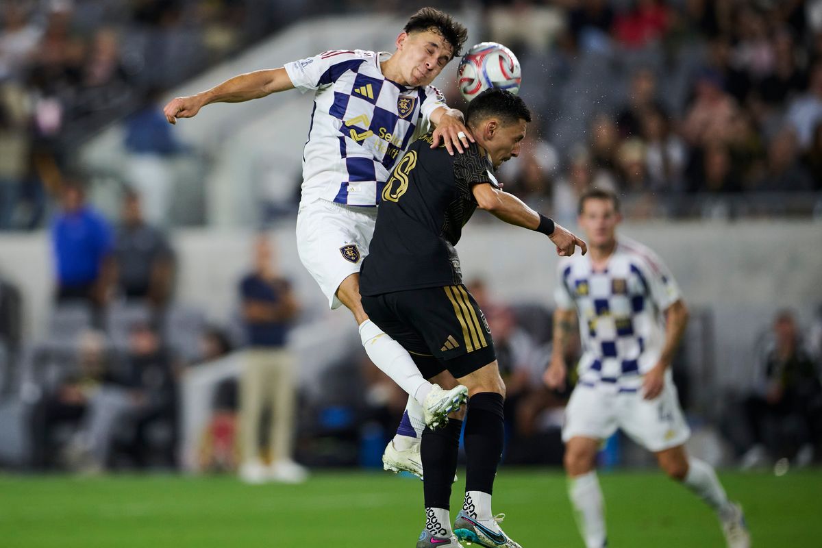 The Los Angeles FC’s Mark Delgado #8 jumps for the ball during an MLS game against The Real Salt Lake on July 22nd, 2026 at BMO Stadium in Los Angeles, California.