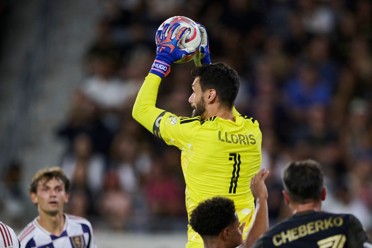The Los Angeles FC’s Hugo Lloris #1 jumps for the ball during an MLS game against The Real Salt Lake on July 22nd, 2026 at BMO Stadium in Los Angeles, California.