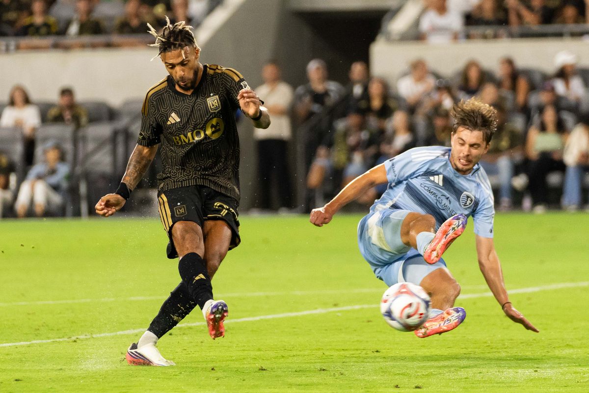 LAFC forward Denis Bouanga (99) scores a goal during an MLS soccer game against KC Sporting, Saturday July 25th, 2026 in Los Angeles, California. LAFC forward Denis Bouanga (99) scores a goal during an MLS soccer game against KC Sporting, Saturday July 25th, 2026 in Los Angeles, California.