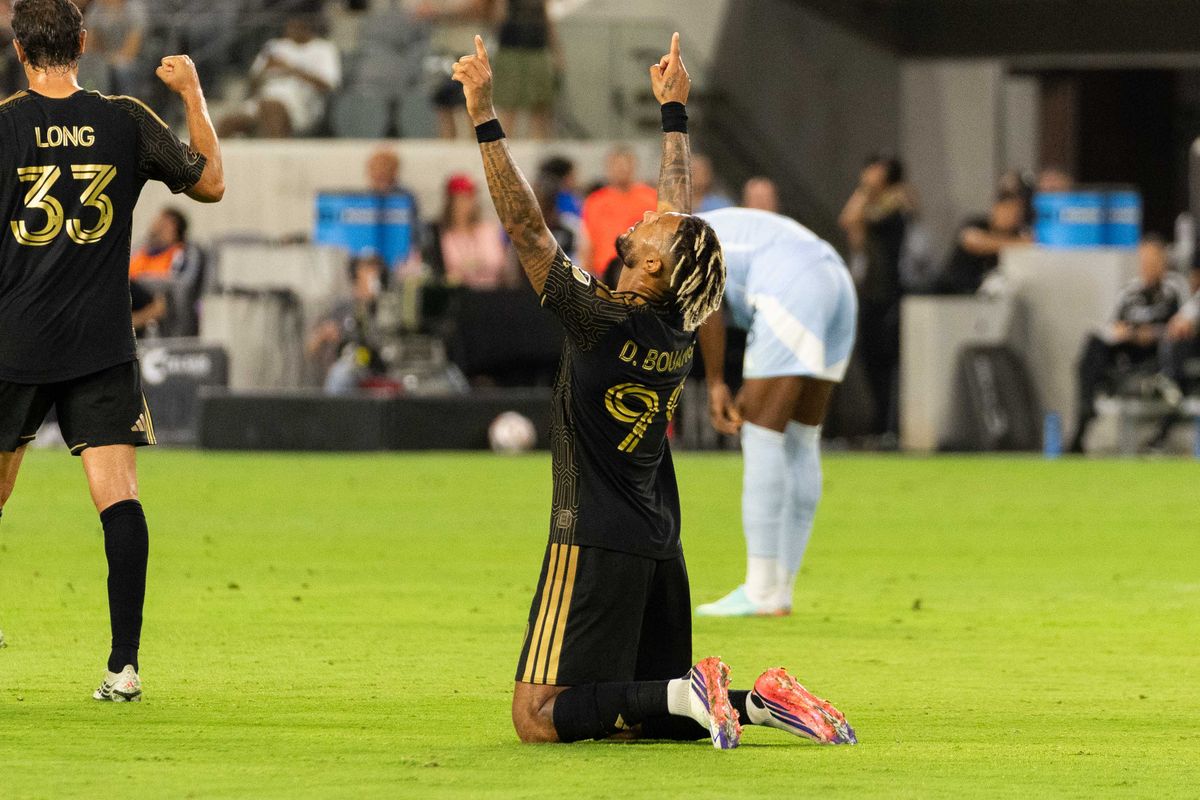 LAFC forward Denis Bouanga (99) celebrates a scored goal during an MLS soccer game against KC Sporting, Saturday July 25th, 2026 in Los Angeles, California. LAFC forward Denis Bouanga (99) celebrates a scored goal during an MLS soccer game against KC Sporting, Saturday July 25th, 2026 in Los Angeles, California.