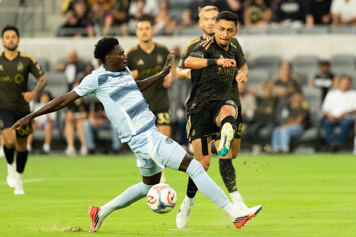 LAFC midfielder Mark Delgado (8) passes the ball during an MLS soccer game against KC Sporting, Saturday July 25th, 2026 in Los Angeles, California. LAFC midfielder Mark Delgado (8) passes the ball during an MLS soccer game against KC Sporting, Saturday July 25th, 2026 in Los Angeles, California.