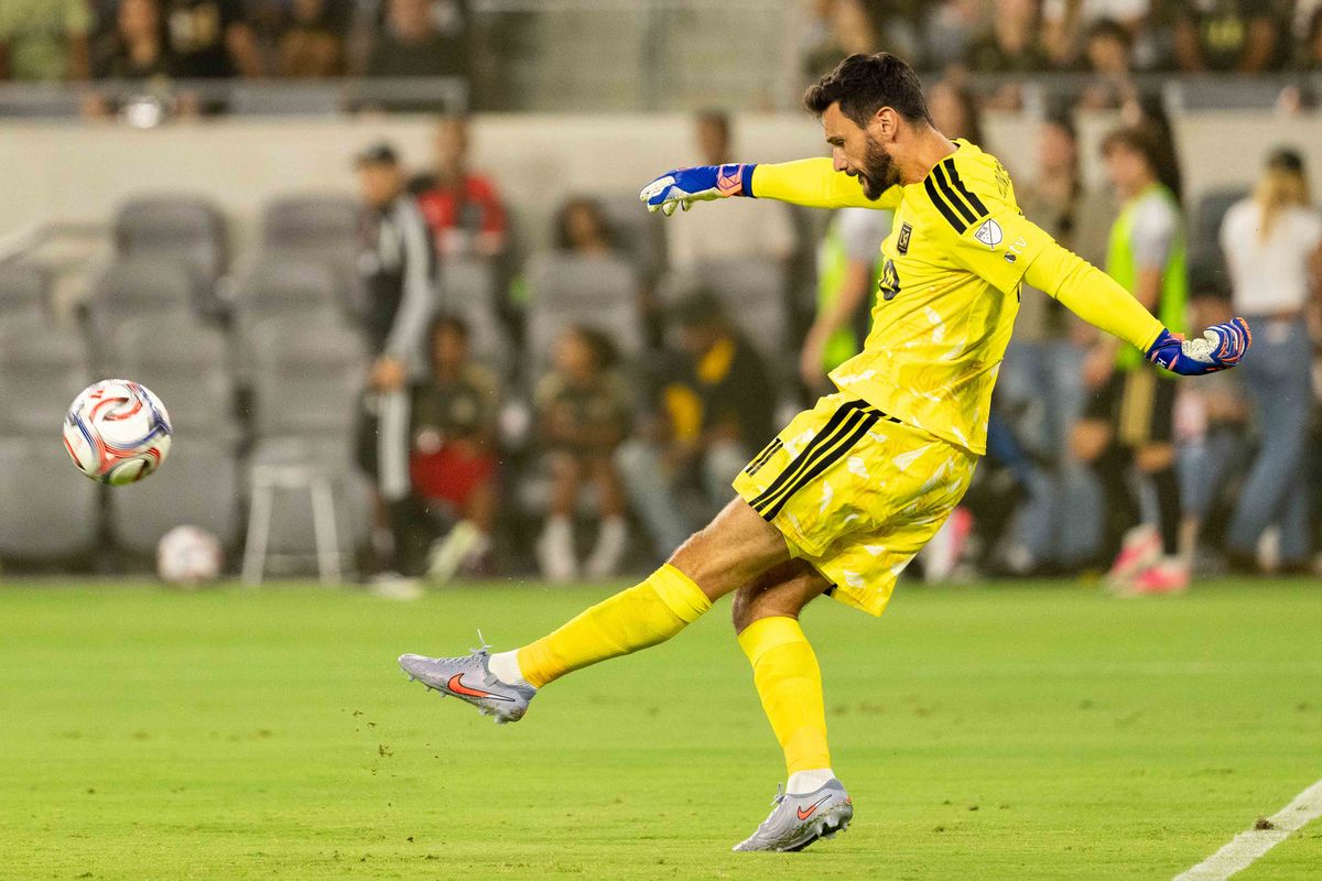 LAFC goalkeeper Hugo Lloris (1) passes the ball during an MLS soccer game against KC Sporting, Saturday July 25th, 2026 in Los Angeles, California. LAFC goalkeeper Hugo Lloris (1) passes the ball during an MLS soccer game against KC Sporting, Saturday July 25th, 2026 in Los Angeles, California.