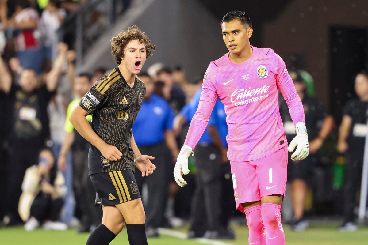 Jude Terry #22 of LAFC yells at the goalkeeper Raúl Rangel #1 of Chivas de Guadalajara after scoring the game winning penalty kick during a Leagues Cup match, Wednesday August 5, 2026 in Los Angeles, Calif. Jude Terry #22 of LAFC yells at the goalkeeper Raúl Rangel #1 of Chivas de Guadalajara after scoring the game winning penalty kick during a Leagues Cup match, Wednesday August 5, 2026 in Los Angeles, Calif.