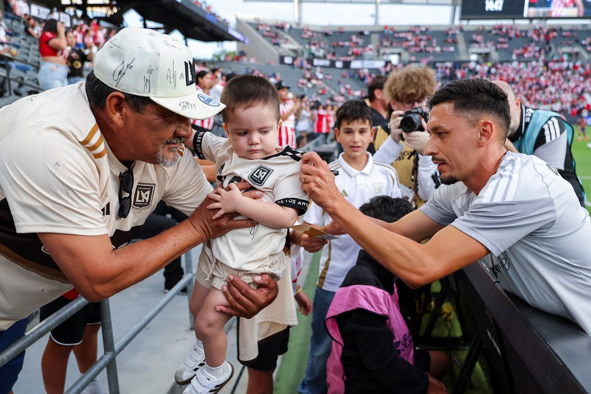 Mark Delgado #8 of LAFC signs a child’s jersey before a Leagues Cup match between LAFC and Chivas de Guadalajara, Wednesday August 5, 2026 in Los Angeles, Calif. Mark Delgado #8 of LAFC signs a child’s jersey before a Leagues Cup match between LAFC and Chivas de Guadalajara, Wednesday August 5, 2026 in Los Angeles, Calif.