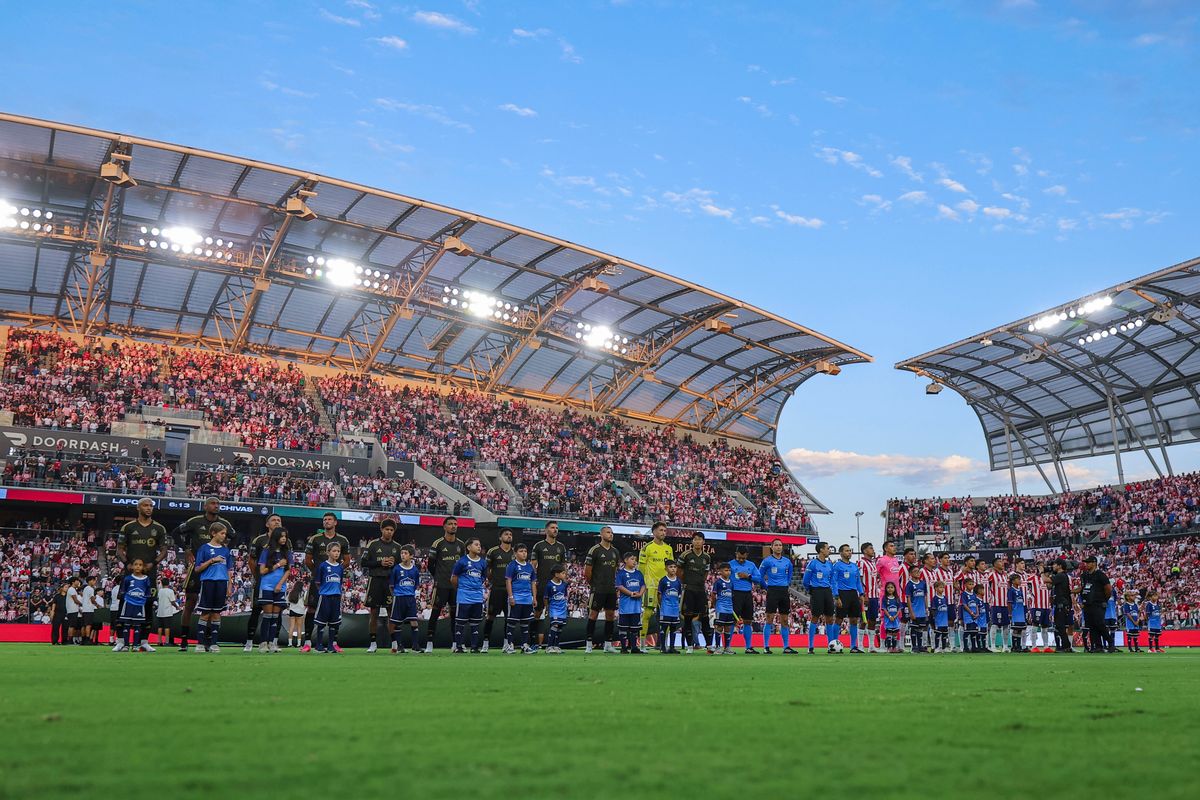 LAFC and Chivas de Guadalajara line up for the national anthems before a Leagues Cup match, Wednesday August 5, 2026 in Los Angeles, Calif. LAFC and Chivas de Guadalajara line up for the national anthems before a Leagues Cup match, Wednesday August 5, 2026 in Los Angeles, Calif.