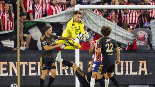 Thomas Hasal #12 of LAFC makes a leaping save during a Leagues Cup match against Chivas de Guadalajara, Wednesday August 5, 2026 in Los Angeles, Calif. Thomas Hasal #12 of LAFC makes a leaping save during a Leagues Cup match against Chivas de Guadalajara, Wednesday August 5, 2026 in Los Angeles, Calif.