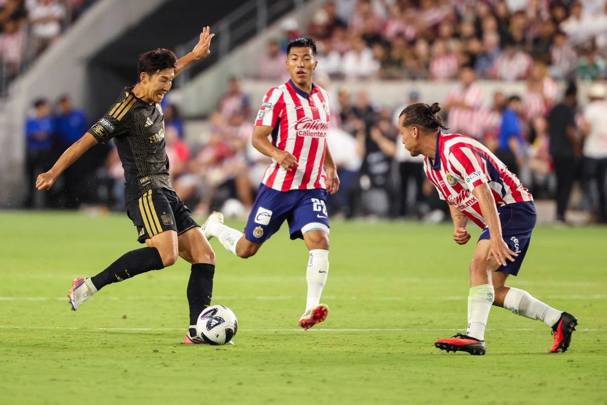 Son Heung-Min #7 of LAFC shoots the ball during a Leagues Cup match against Chivas de Guadalajara, Wednesday August 5, 2026 in Los Angeles, Calif. Son Heung-Min #7 of LAFC shoots the ball during a Leagues Cup match against Chivas de Guadalajara, Wednesday August 5, 2026 in Los Angeles, Calif.