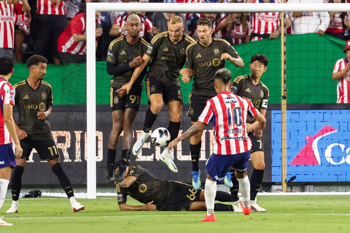 Ryan Porteous #5 of LAFC and his teammates block a free kick by Efrain Álvarez #10 of Chivas de Guadalajara during a Leagues Cup match, Wednesday August 5, 2026 in Los Angeles, Calif. Ryan Porteous #5 of LAFC and his teammates block a free kick by Efrain Álvarez #10 of Chivas de Guadalajara during a Leagues Cup match, Wednesday August 5, 2026 in Los Angeles, Calif.