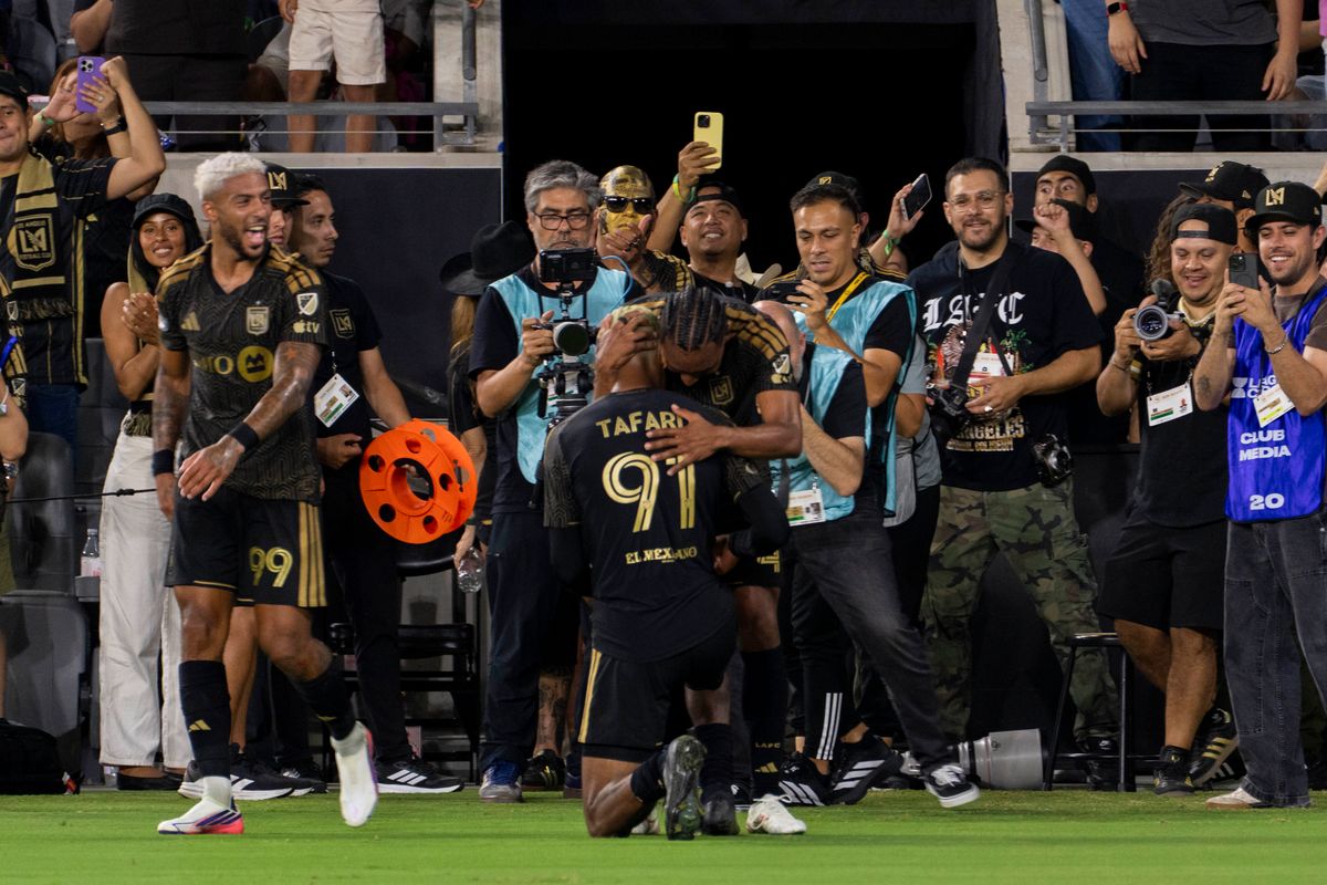 Eddie Segura #4 and  Nkosi Tafari #91 of LAFC celebrate Segura's game winning goal during a Leagues Cup match against Toluca FC, Saturday August 8, 2026 in Los Angeles, California.