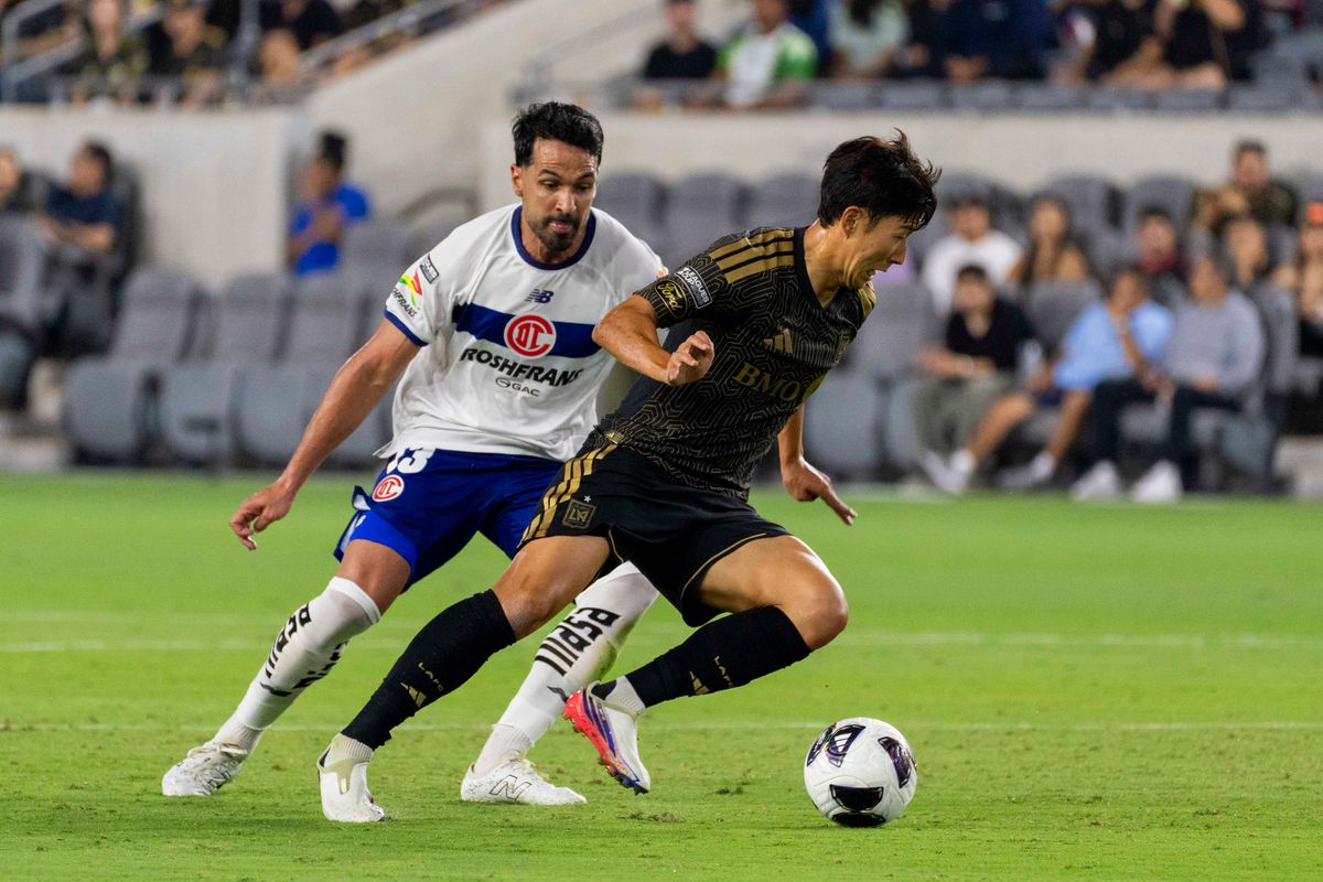 Son Heung-Min #7 of LAFC beat his defender during a Leagues Cup match against Toluca FC, Saturday August 8, 2026 in Los Angeles, California.