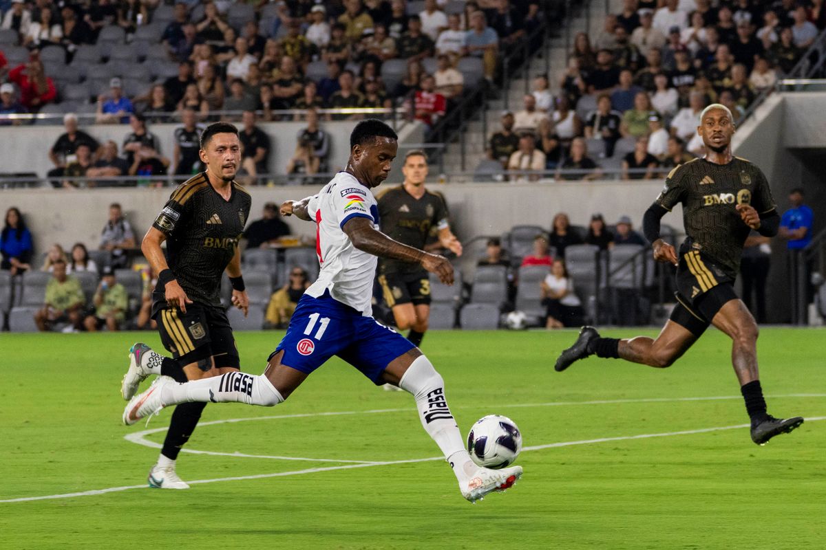 Helinho #11 of Toluca FC takes a shot during a Leagues Cup match against LAFC, Saturday August 8, 2026 in Los Angeles, California.