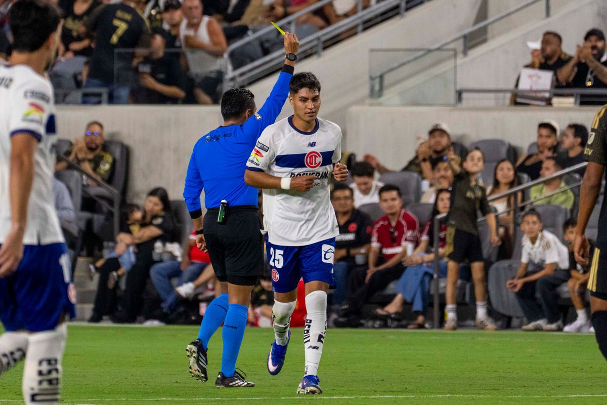 Everardo Lopez #25 of Toluca FC takes a shot during a Leagues Cup match against LAFC, Saturday August 8, 2026 in Los Angeles, California.