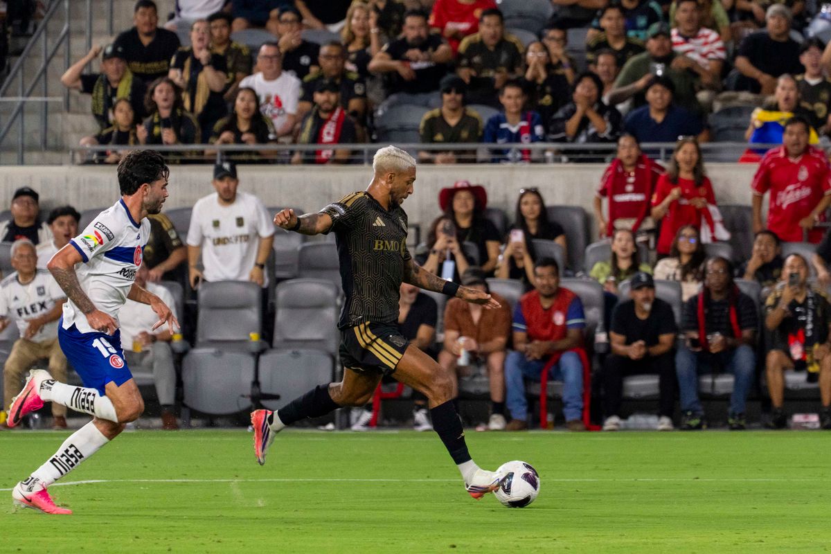 Denis Bouanga #99 of LAFC takes a shot during a Leagues Cup match against Toluca FC, Saturday August 8, 2026 in Los Angeles, California.
