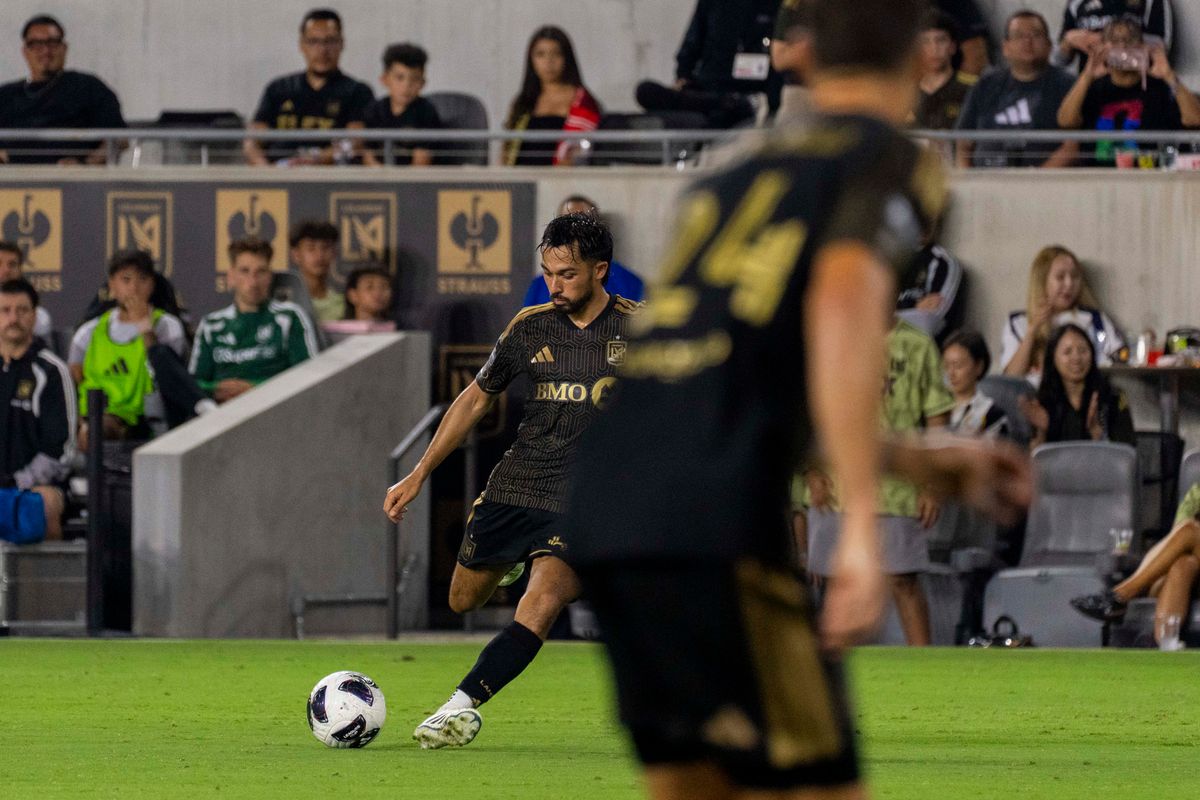 Mathieu Choinière #66 of LAFC crosses the ball to his teammate during a Leagues Cup match against Toluca FC, Saturday August 8, 2026 in Los Angeles, California.