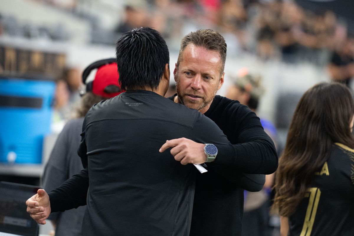 LAFC head coach Marc Dos Santos greet the Queretaro head coach before a Leagues Cup match between Queretaro and Los Angeles FC on Wednesday, August 12, 2026 at BMO Stadium in Los Angeles Calif.