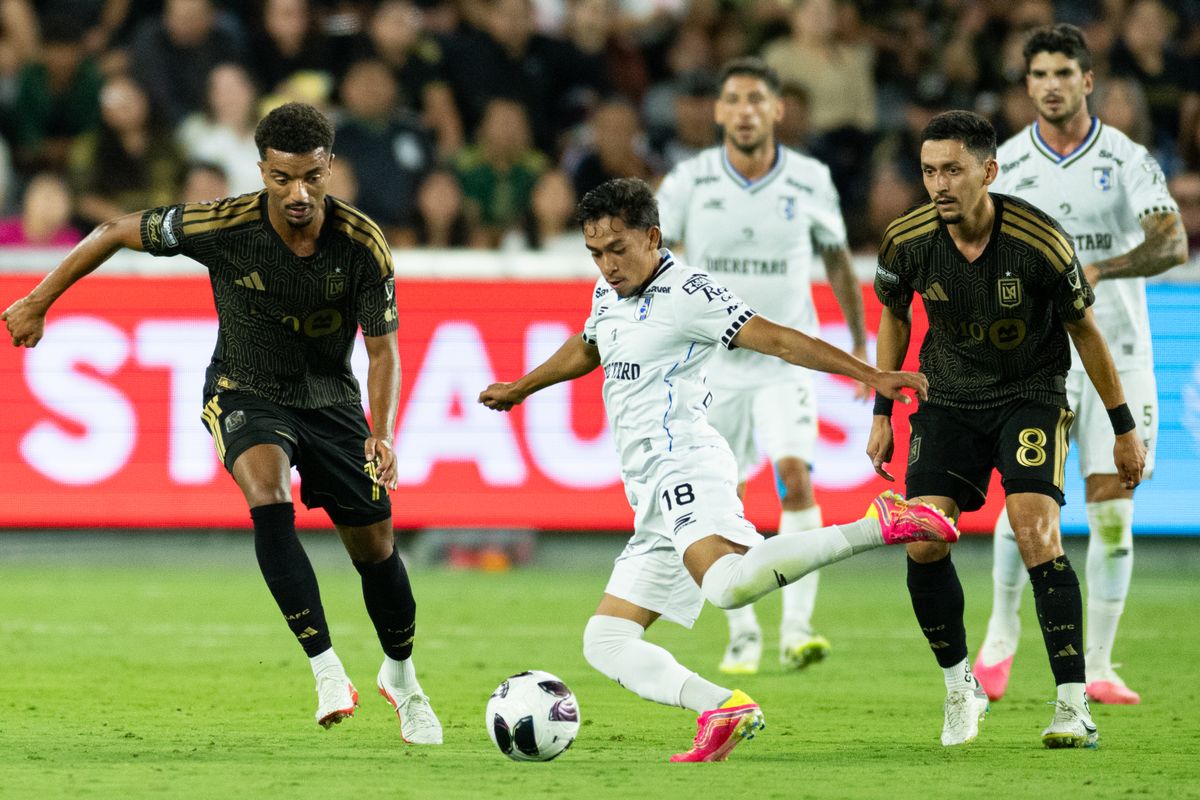 Queretaro midfielder Erik Dueñas (18) kicks the ball away to safety during a Leagues Cup match between Queretaro and Los Angeles FC on Wednesday, August 12, 2026 at BMO Stadium in Los Angeles Calif.