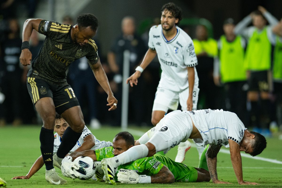 Queretaro goalkeeper Guillermo Allison (25) grabs on to the ball during a Leagues Cup match between Queretaro and Los Angeles FC on Wednesday, August 12, 2026 at BMO Stadium in Los Angeles Calif.