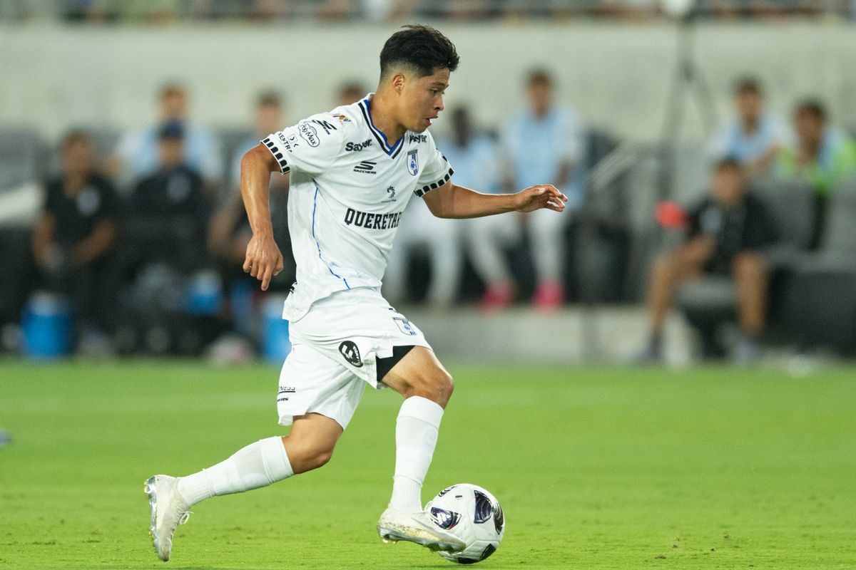 Queretaro midfielder Alejandro Alcala (20) attacks with the ball during a Leagues Cup match between Queretaro and Los Angeles FC on Wednesday, August 12, 2026 at BMO Stadium in Los Angeles Calif.