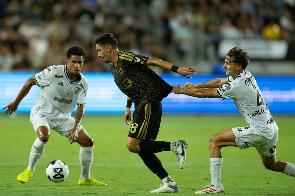 LAFC midfielder Mark Delgado (8) battles for control of the ball during a Leagues Cup match between Queretaro and Los Angeles FC on Wednesday, August 12, 2026 at BMO Stadium in Los Angeles Calif.