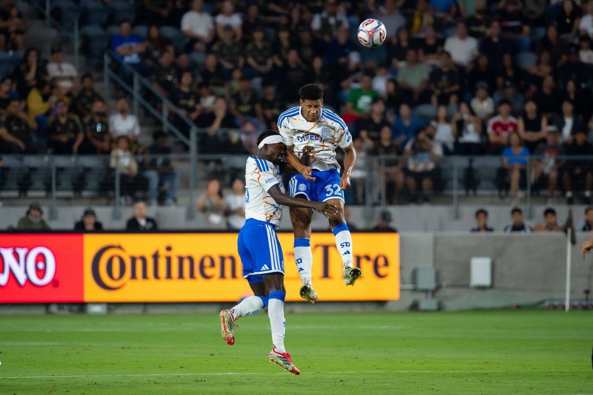 San Diego FC defender Ian Murphy (32) collides with teammate for a header during an MLS soccer game against Los Angeles FC, Saturday, August 15, 2026 in Los Angeles, California.